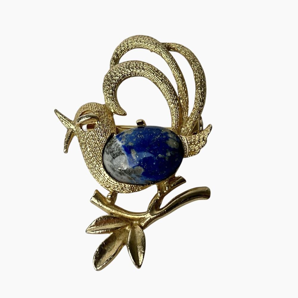 Bird Brooch Vintage Blue Cabochon Textured Stone Gold Tone Swirl Tail 2 Inch - Picture 7 of 11